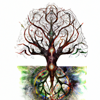 Colorful Tree and roots. Base and trunk lit up with energy orbs.