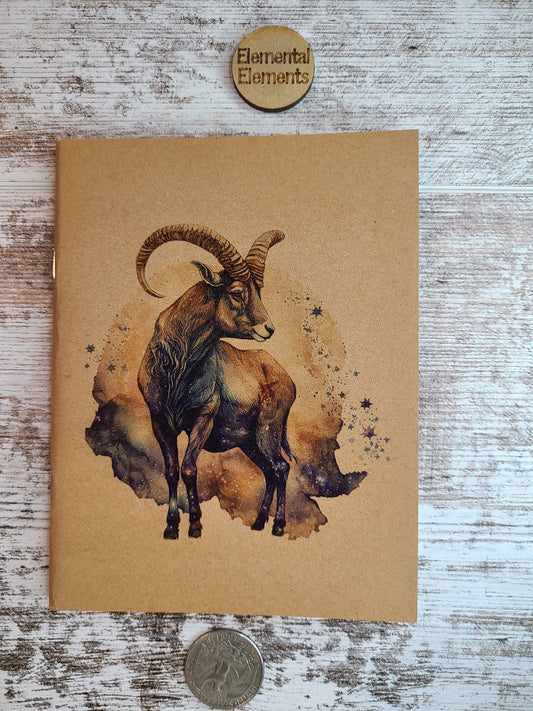 Capricorn Zodiac full bodied ram in browns and teal with teal, blue, and brown galaxy background.