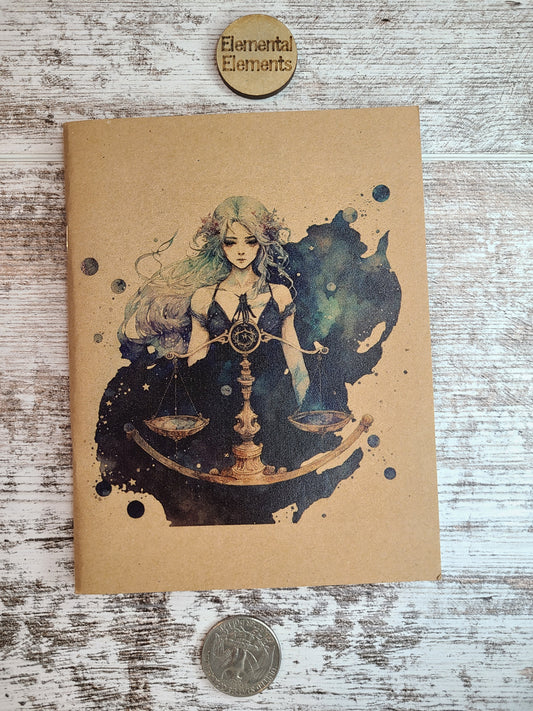 Libra human with long green and purple ombre hair. Gold balance scales in front of them with green black and blue smoke and stars in the background.