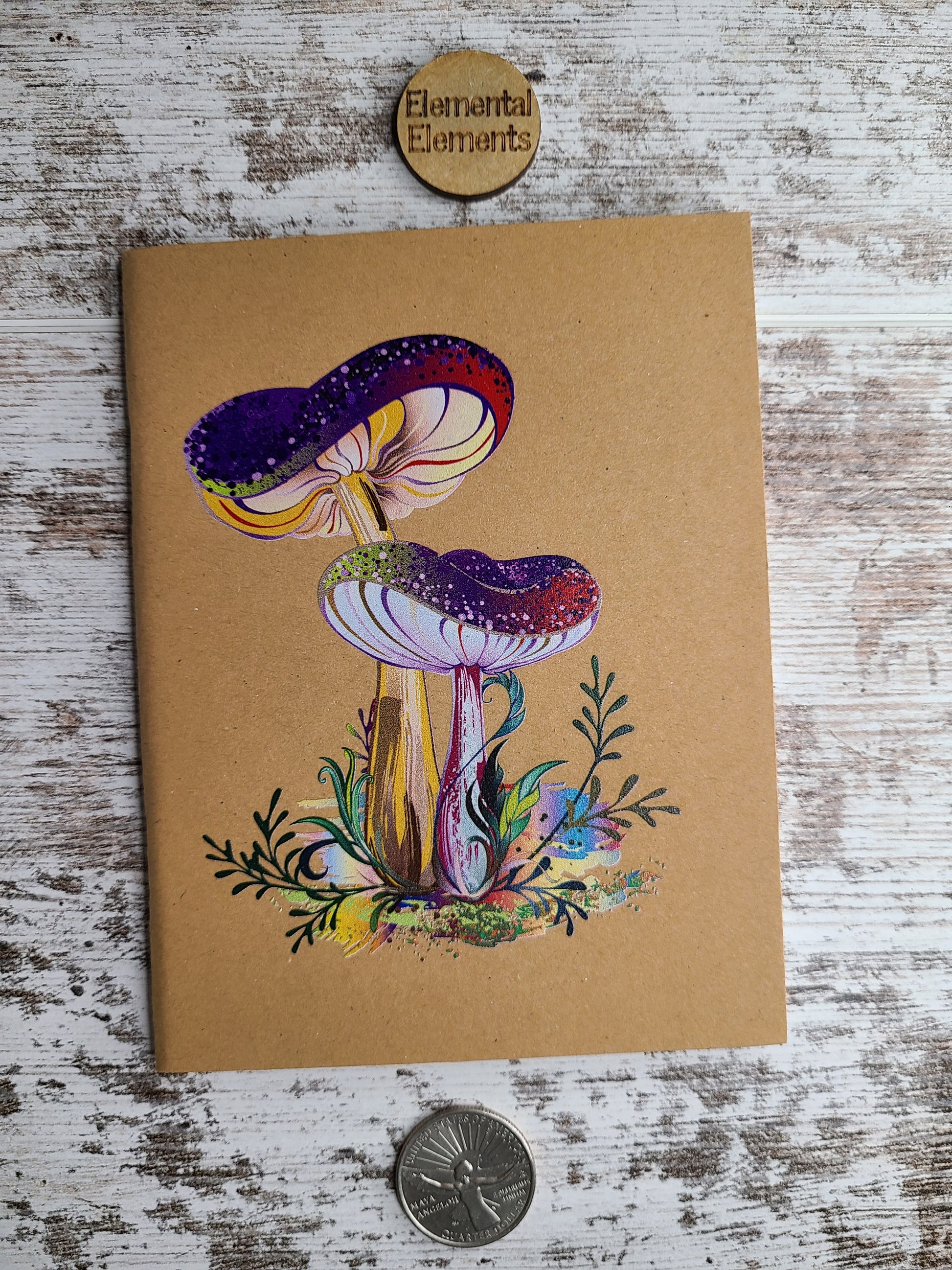 Elemental Elements journal with two colorful mushrooms and fungi.