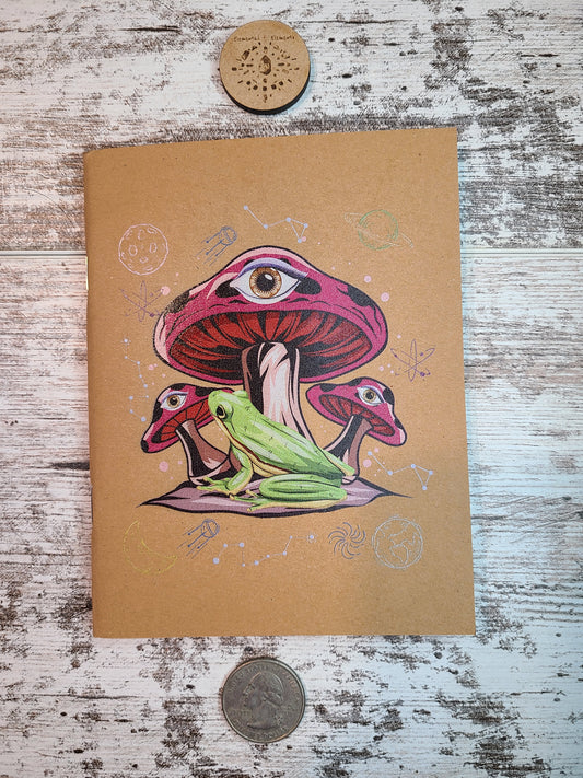 Green tree frog among three red mushrooms with eyes in them and stars and galaxies surround.